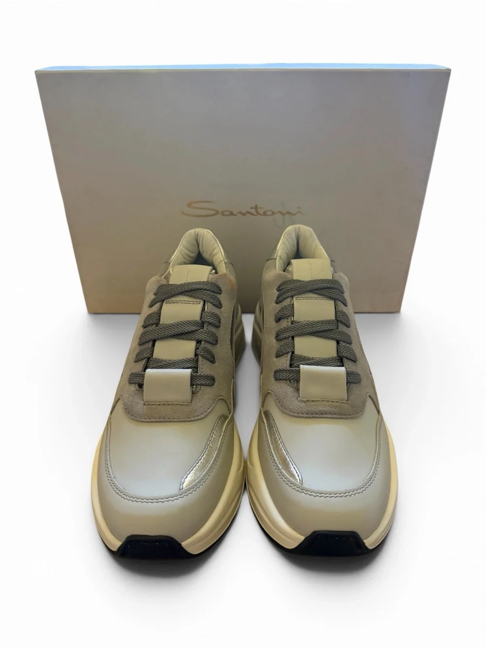 Santoni Minimalist Neutral Sneakers - Grey/Metallic SZ. 37